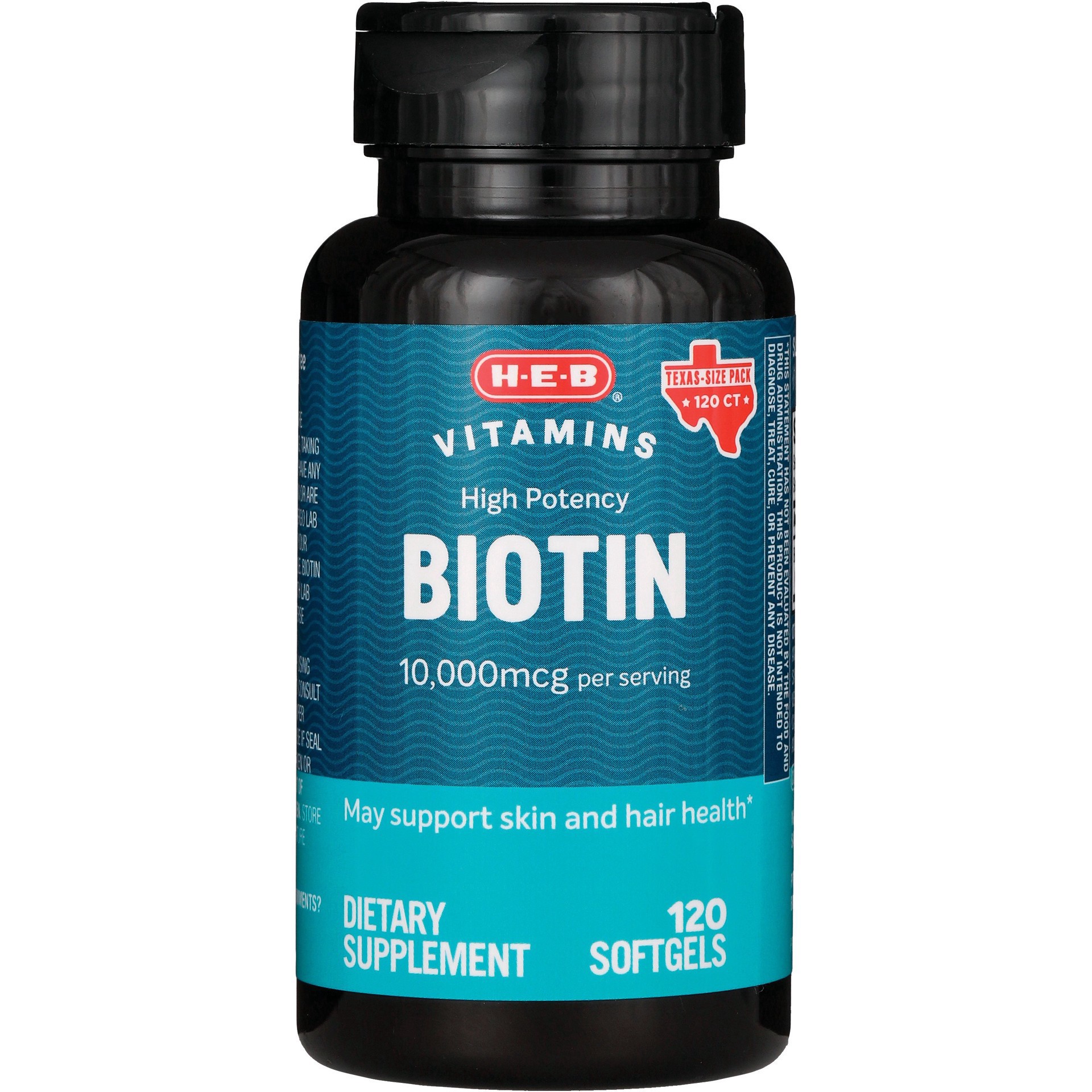 slide 1 of 1, H-E-B Vitamins Max Potency Biotin 10,000 mcg Softgels - Texas-Size Pack, 120 ct