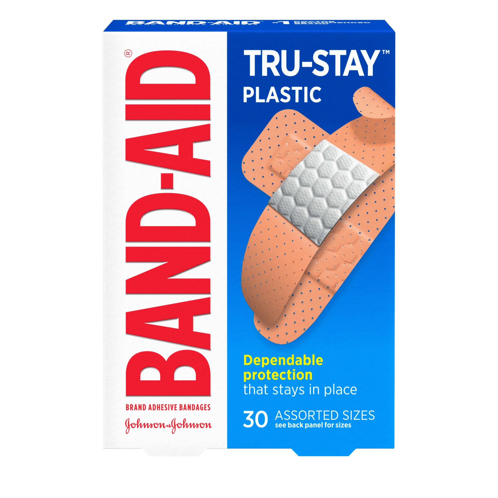 slide 1 of 7, BAND-AID Tru-Stay Plastic Strips Adhesive Bandages for First Aid & Wound Protection, Sterile Individually Wrapped Wound Care Bandages for Minor Cuts & Scrapes, Assorted Sizes, 30 ct, 30 ct