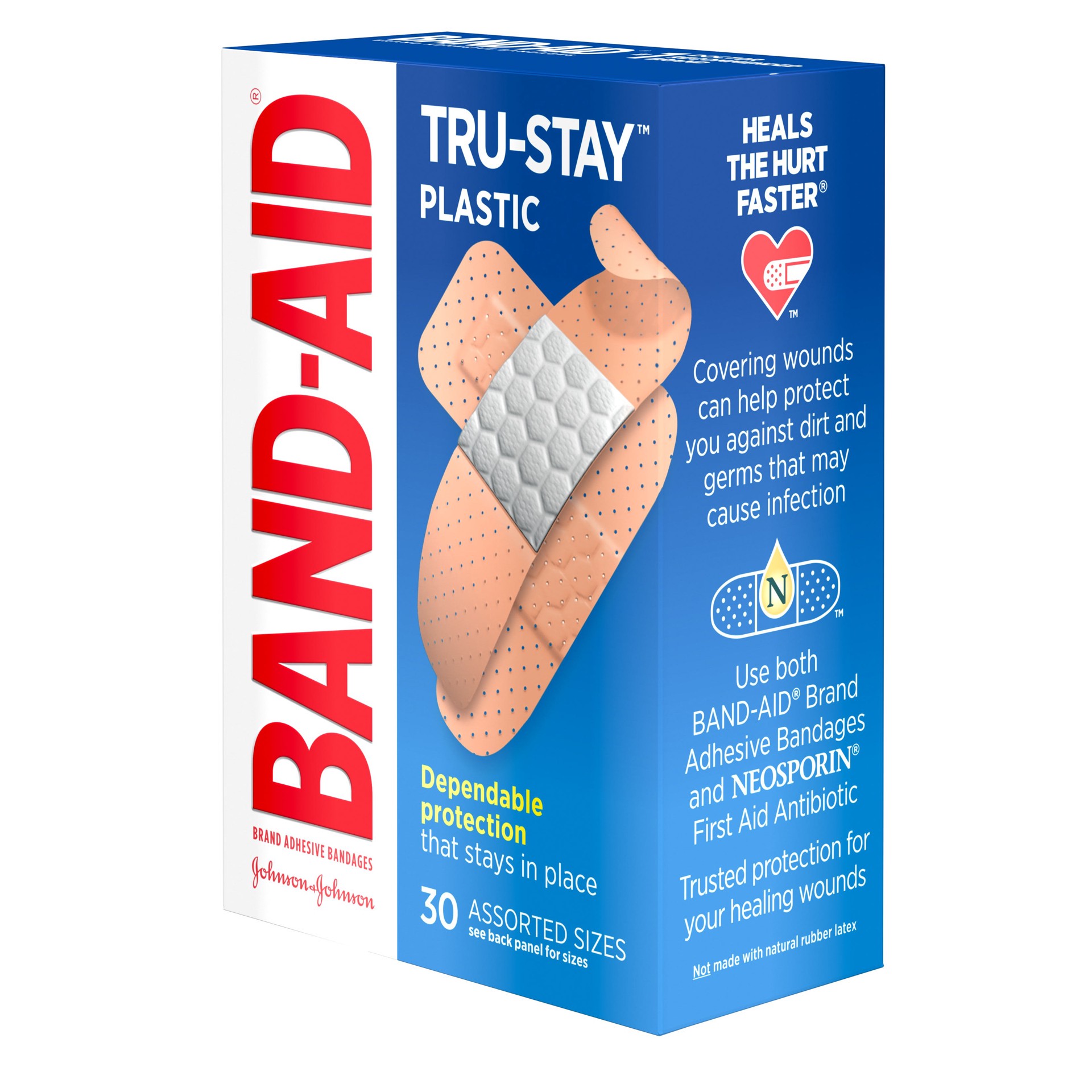 slide 6 of 7, BAND-AID Tru-Stay Plastic Strips Adhesive Bandages for First Aid & Wound Protection, Sterile Individually Wrapped Wound Care Bandages for Minor Cuts & Scrapes, Assorted Sizes, 30 ct, 30 ct