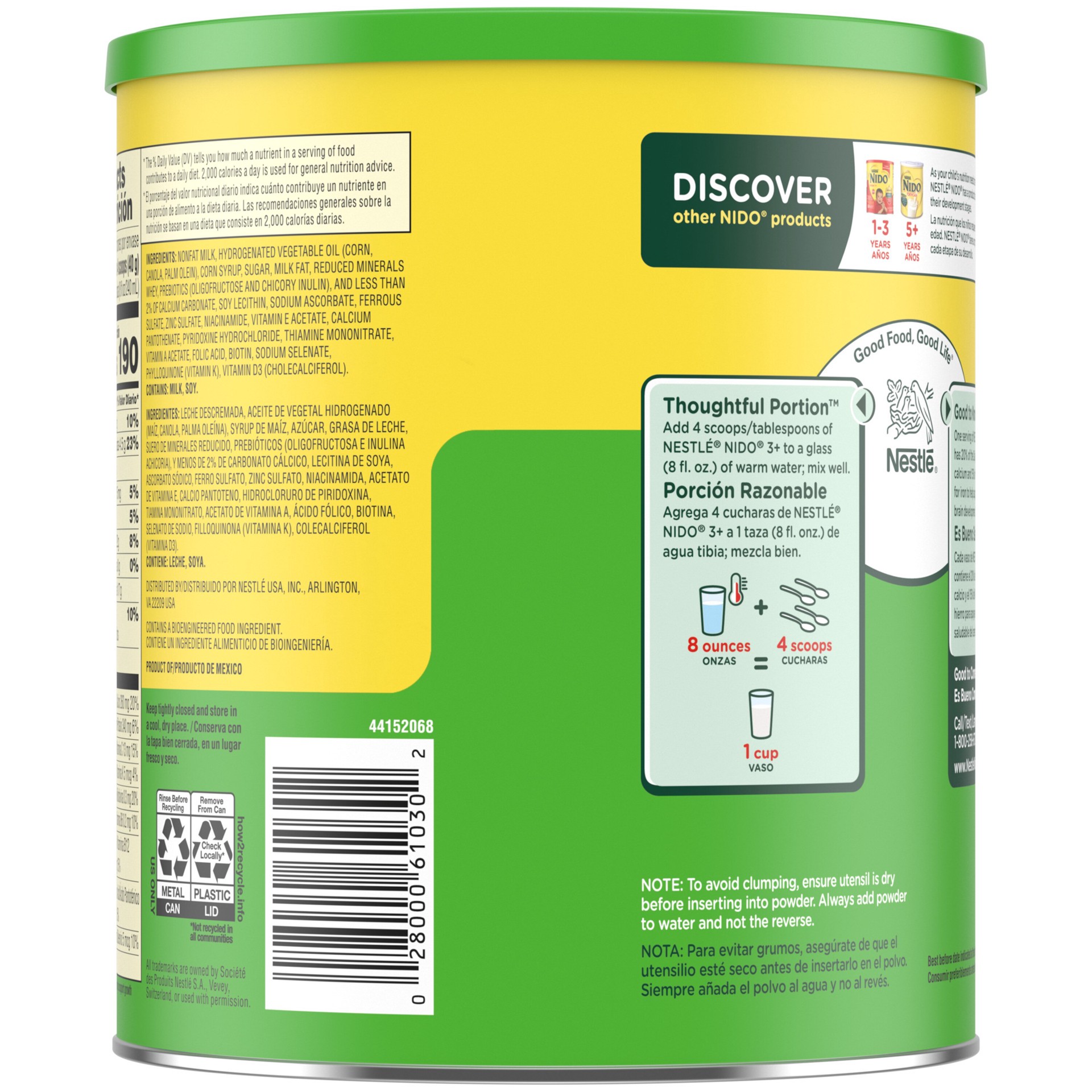 slide 8 of 9, Nido Nestlé NIDO Kinder Toddler Milk Beverage Powder Mix, 2 + Years, 23 Servings per Container, 138 Total Servings, 6x800g (4,800g), 1.76 lb