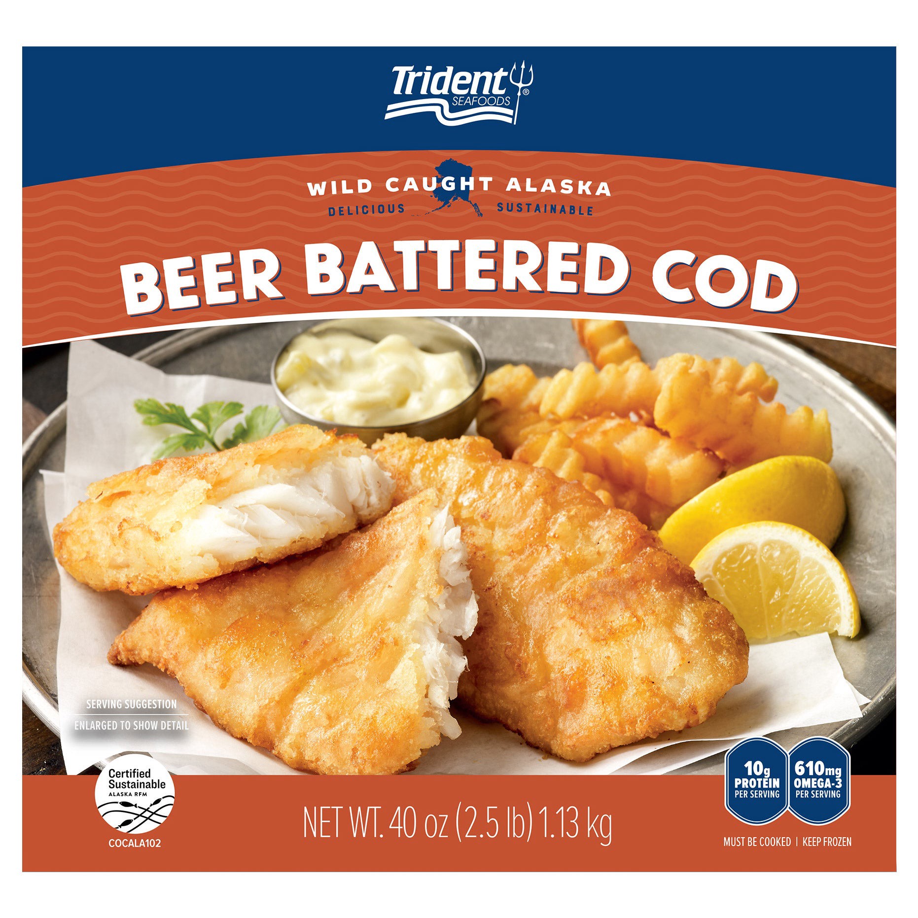 slide 1 of 1, Trident Seafoods Wild Alaskan Beer Battered Cod, 2.5 lbs, 