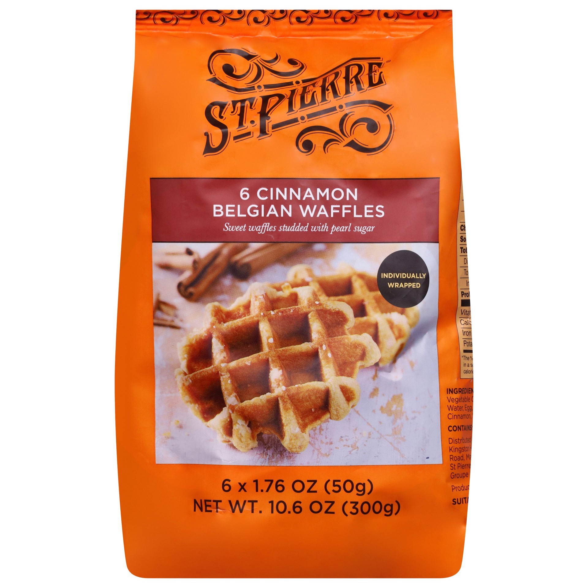 slide 1 of 1, St Pierre Cinnamon Belgian Waffles, 6 count, Pastries, 10.6 oz Bag, 6 ct