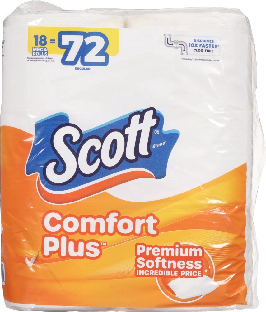 slide 4 of 5, Scott ComfortPlus Toilet Paper, 18 Mega Rolls, 310 Sheets per Roll, Septic-Safe, 1-Ply Toilet Tissue, 18 ct