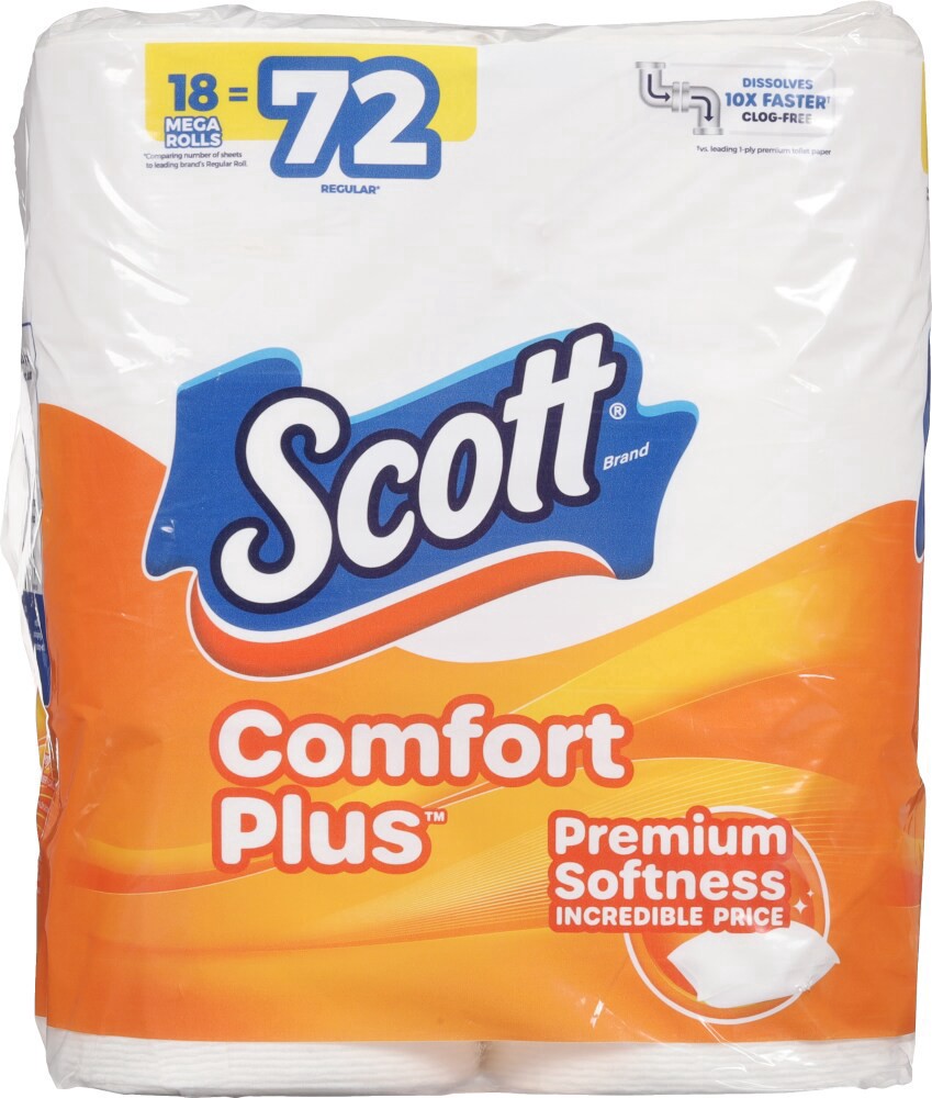 slide 2 of 5, Scott ComfortPlus Toilet Paper, 18 Mega Rolls, 310 Sheets per Roll, Septic-Safe, 1-Ply Toilet Tissue, 18 ct