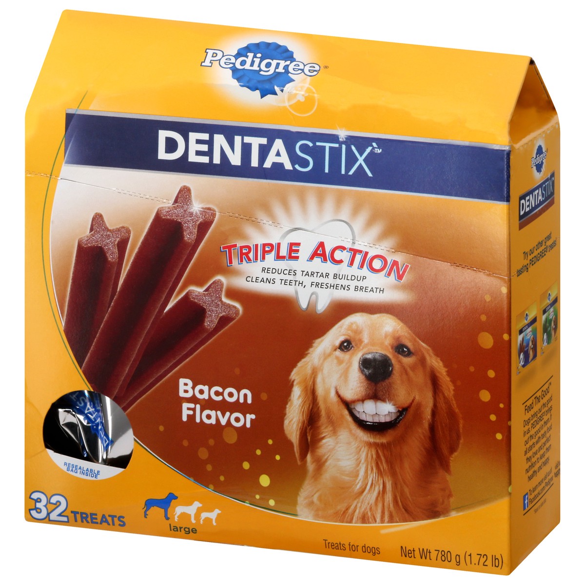 slide 3 of 9, Pedigree DentaStix Large Triple Action Bacon Flavor Treats for Dogs 32 ea, 32 ct