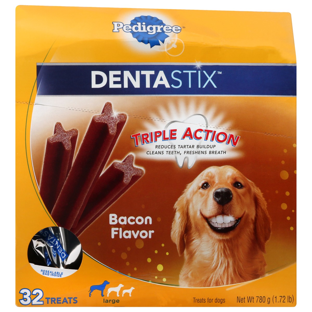 slide 1 of 9, Pedigree DentaStix Large Triple Action Bacon Flavor Treats for Dogs 32 ea, 32 ct