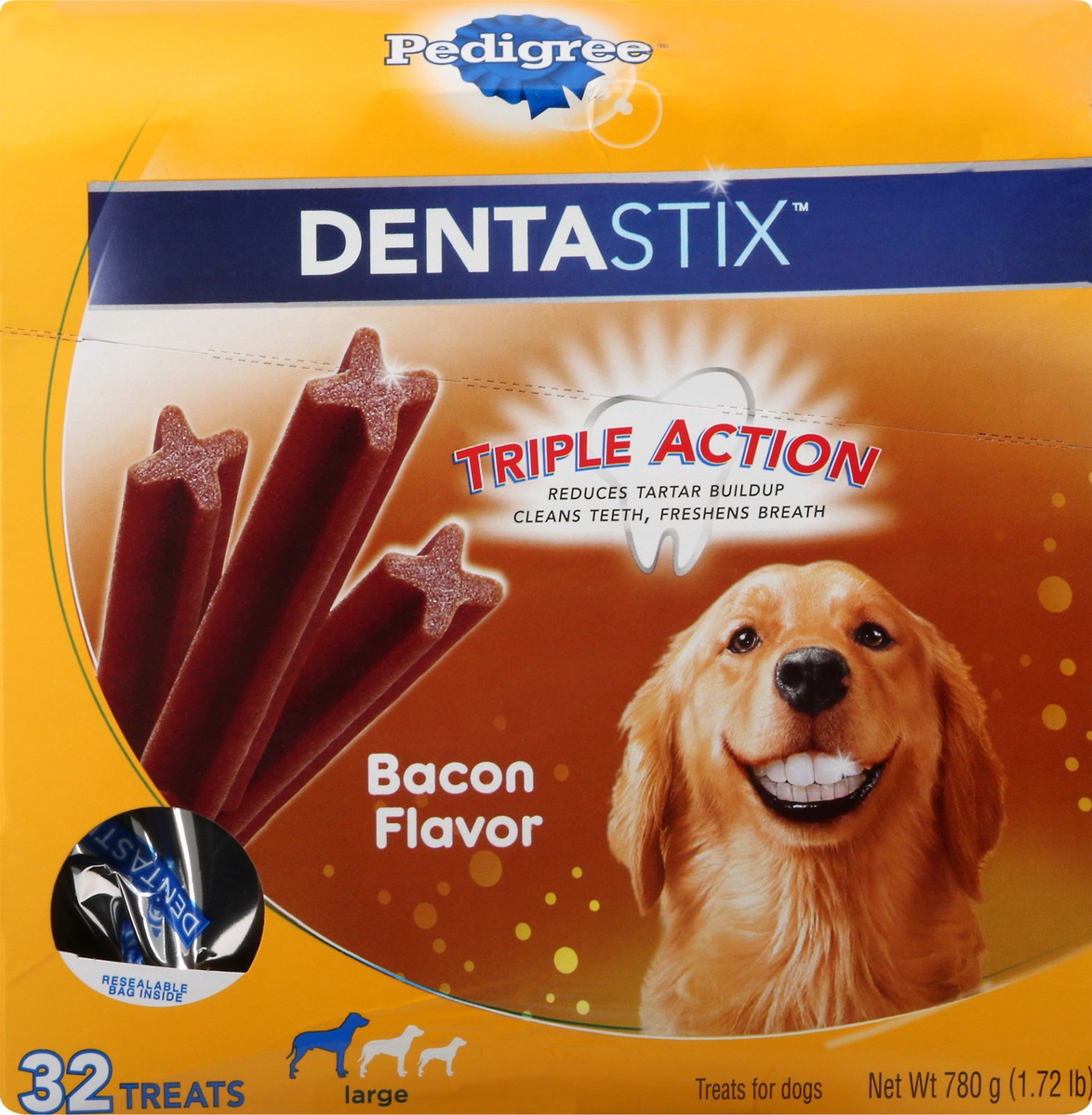 slide 6 of 9, Pedigree DentaStix Large Triple Action Bacon Flavor Treats for Dogs 32 ea, 32 ct