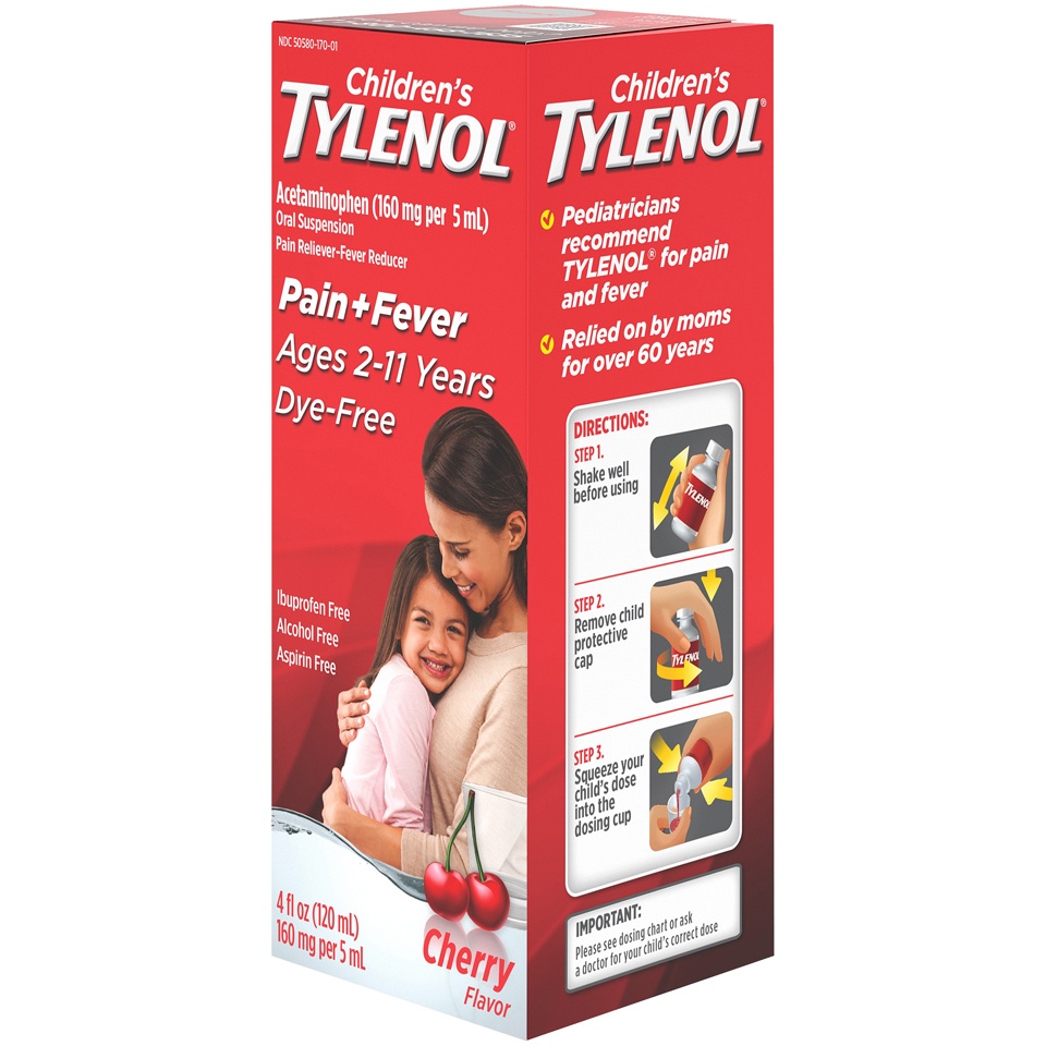 slide 3 of 6, Children's Tylenol Liquid Oral Suspension Pain Reliever & Fever Reducer Medicine with Acetaminophen, Cold & Flu Symptom Relief, Aspirin-, Ibuprofen-, Alcohol- & Dye-Free, Cherry, 4 oz