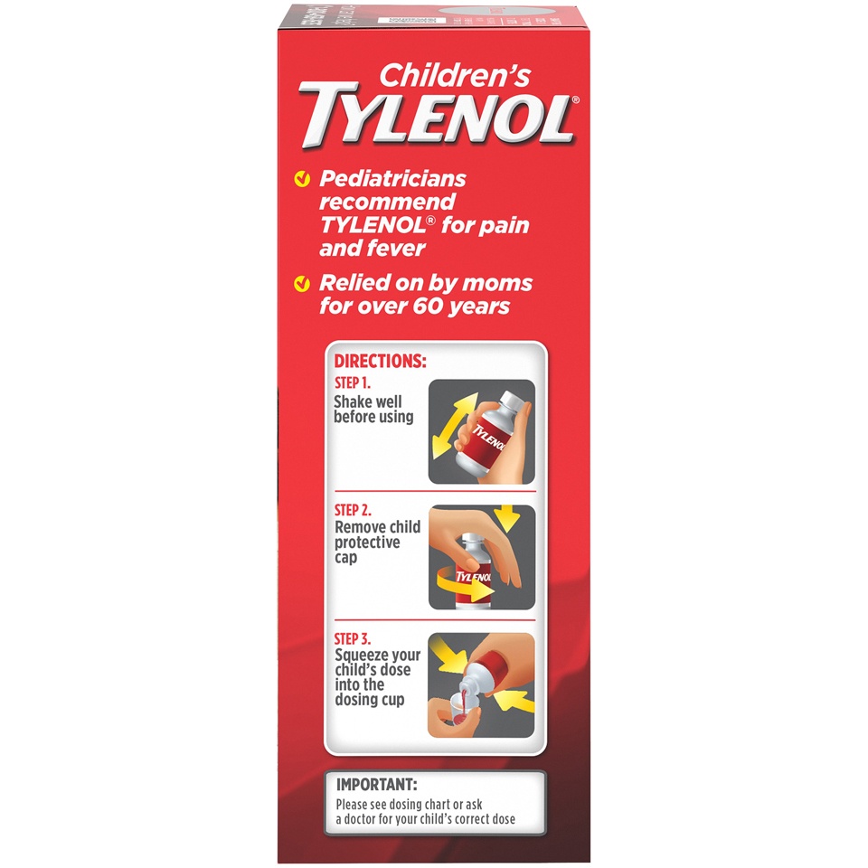 slide 5 of 6, Children's Tylenol Liquid Oral Suspension Pain Reliever & Fever Reducer Medicine with Acetaminophen, Cold & Flu Symptom Relief, Aspirin-, Ibuprofen-, Alcohol- & Dye-Free, Cherry, 4 oz