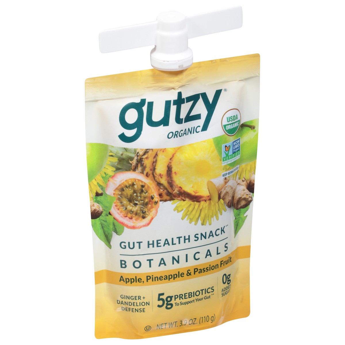 slide 4 of 14, Gutzy Organic Apple Pineapple Passion Fruit + Ginger Dandelion Prebiotic Gut Health Snack 3.9 oz, 3.9 oz