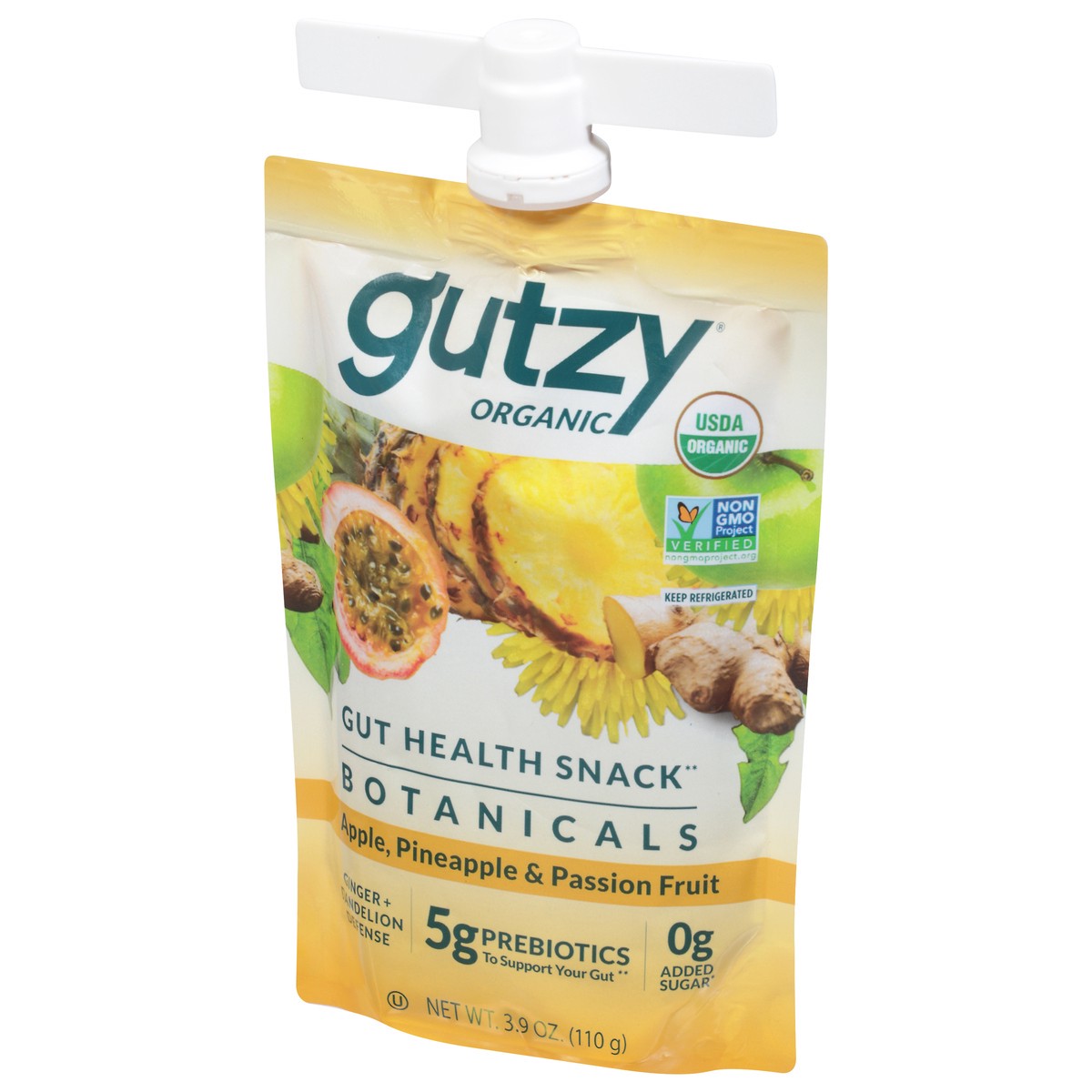 slide 10 of 14, Gutzy Organic Apple Pineapple Passion Fruit + Ginger Dandelion Prebiotic Gut Health Snack 3.9 oz, 3.9 oz
