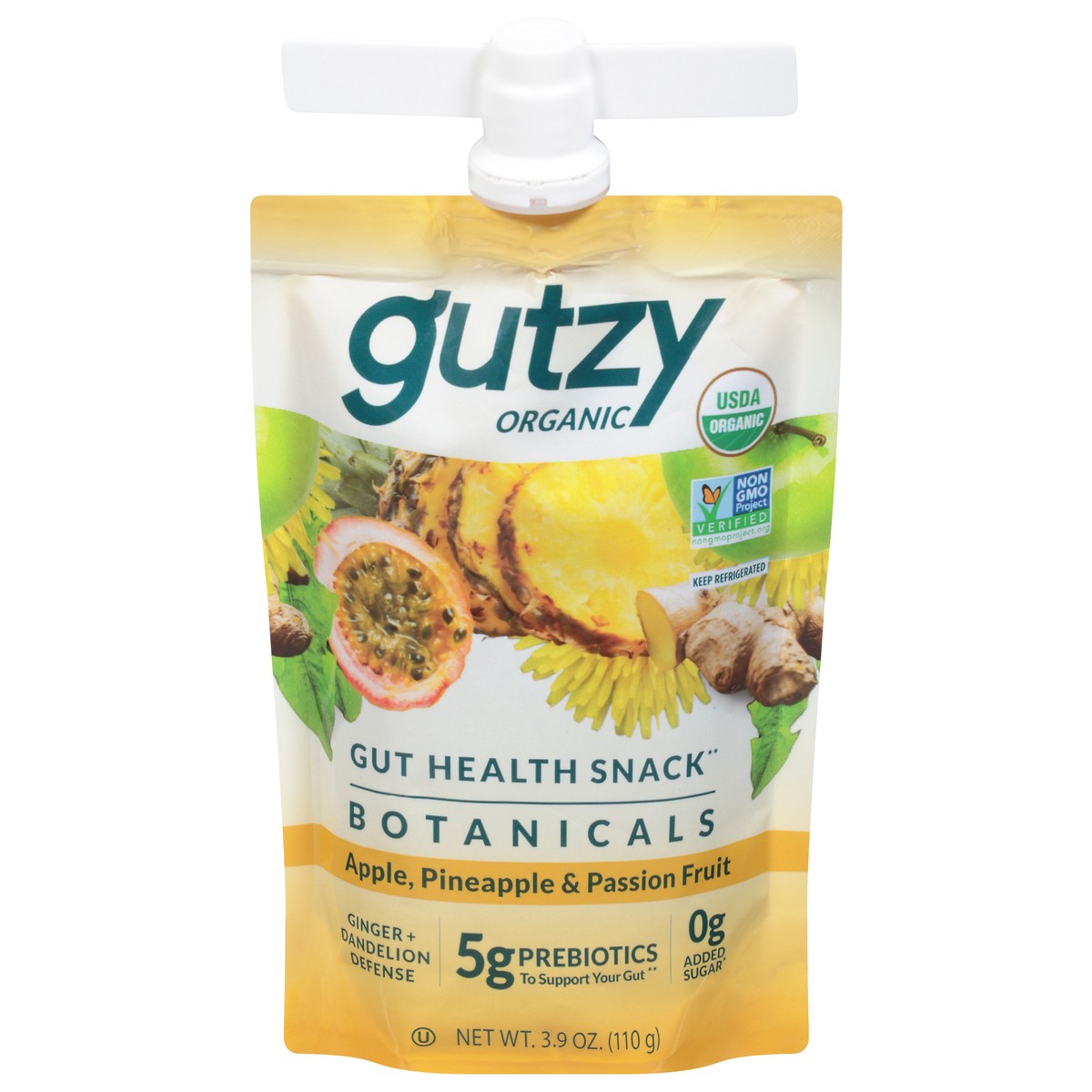 slide 12 of 14, Gutzy Organic Apple Pineapple Passion Fruit + Ginger Dandelion Prebiotic Gut Health Snack 3.9 oz, 3.9 oz