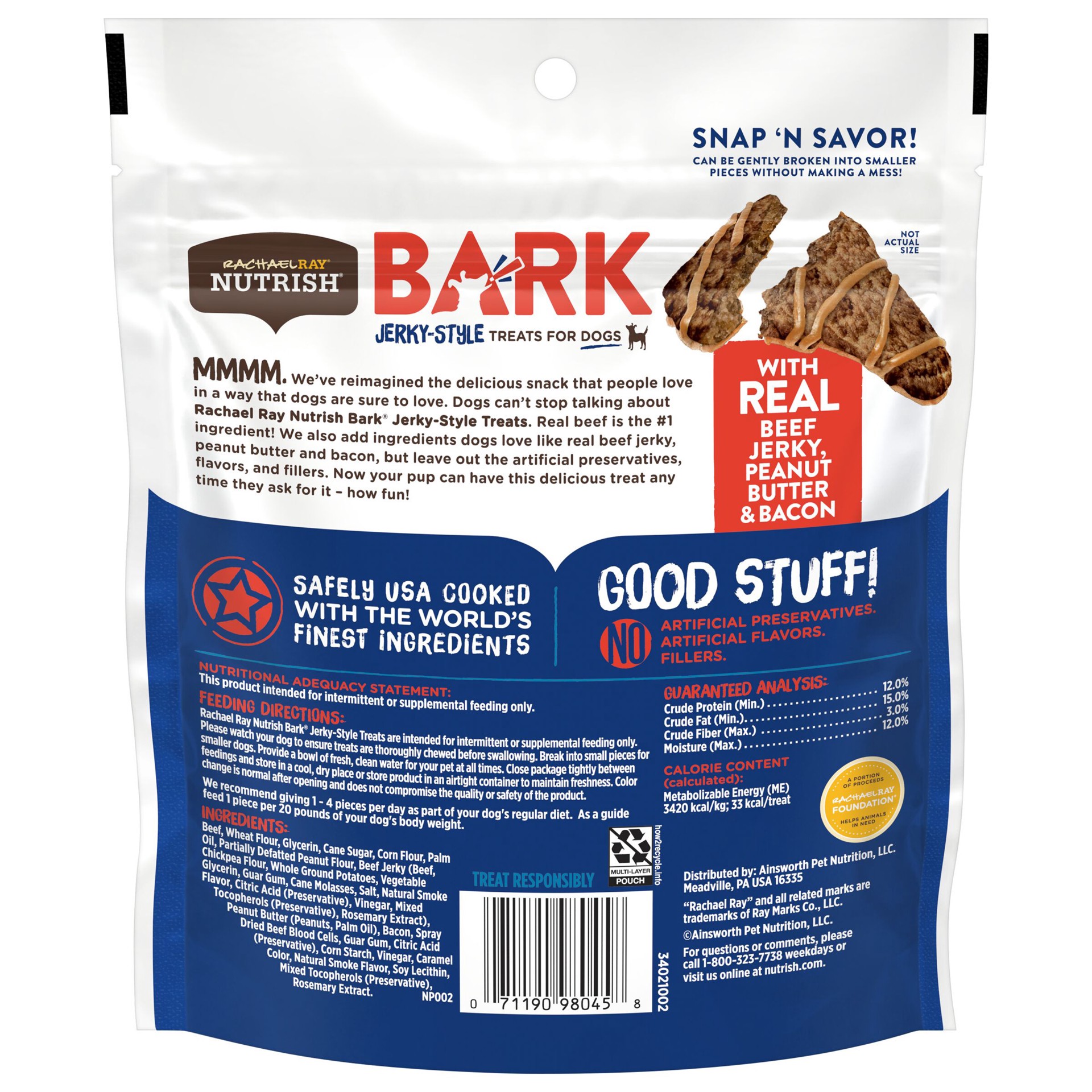 slide 2 of 4, Rachael Ray Nutrish Bark Jerky-Style Dog Treats With Real Beef Jerky, Peanut Butter & Bacon, 4.5 oz. Pouch, 4.5 oz