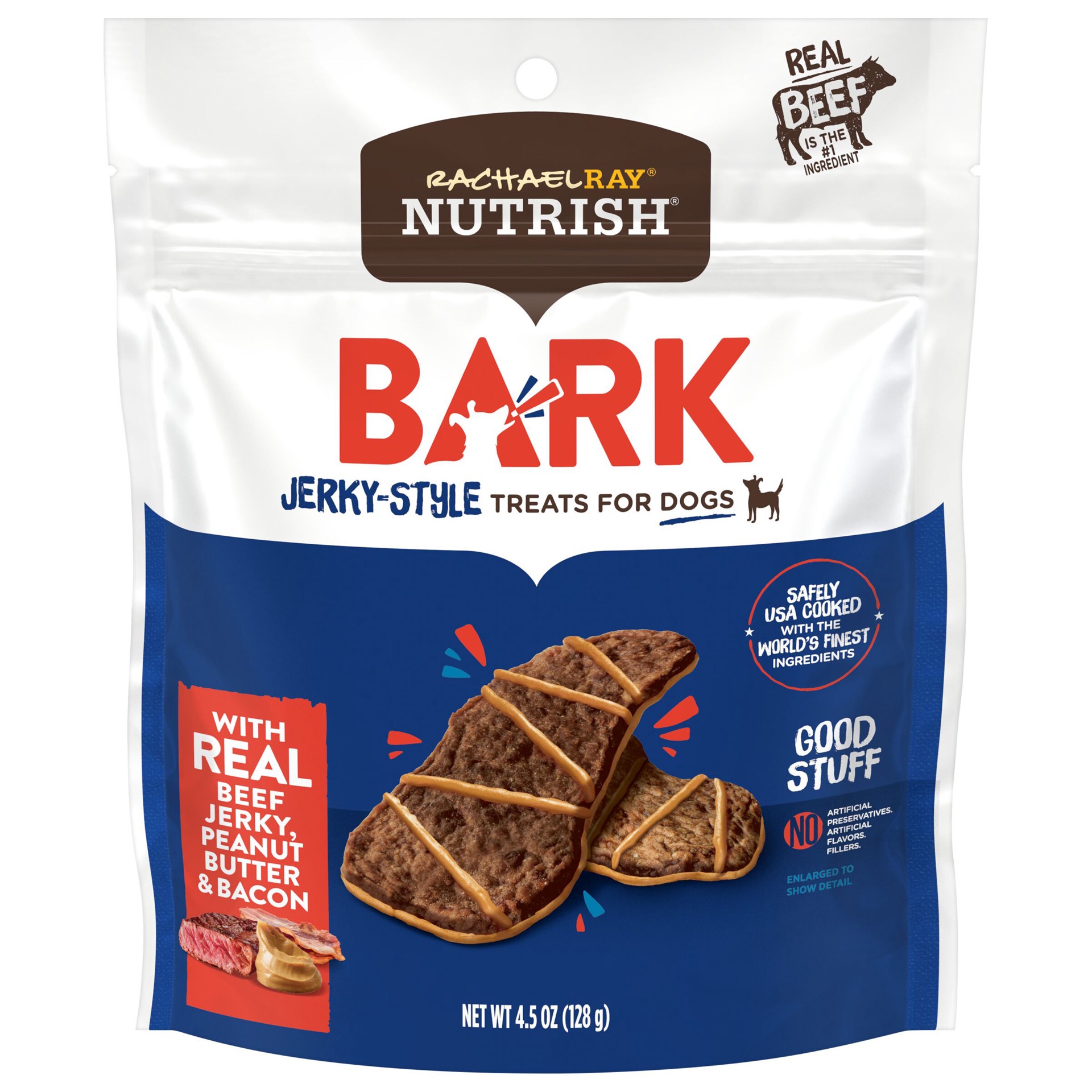 slide 1 of 4, Rachael Ray Nutrish Bark Jerky-Style Dog Treats With Real Beef Jerky, Peanut Butter & Bacon, 4.5 oz. Pouch, 4.5 oz