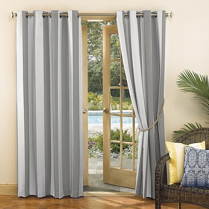 slide 2 of 6, Sun Zero Valencia Cabana Stripe Indoor/Outdoor Window Curtain Panel - Indigo, 108 in