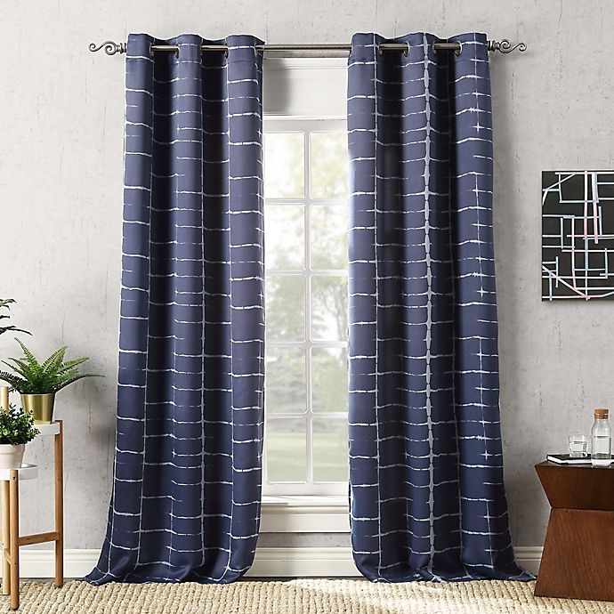 slide 1 of 5, Sun Zero Saki Shibori Print Room Darkening Grommet Curtain PanelÂ - Navy, 84 in