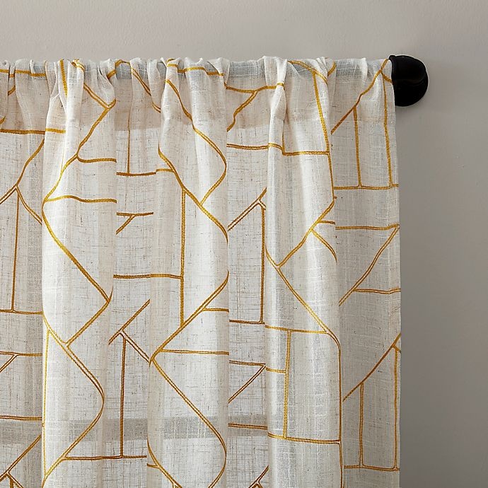 slide 2 of 7, Archaeo Jigsaw Embroidery Linen Rod Pocket Semi-Sheer Curtain Panel - Gold/Linen, 95 in