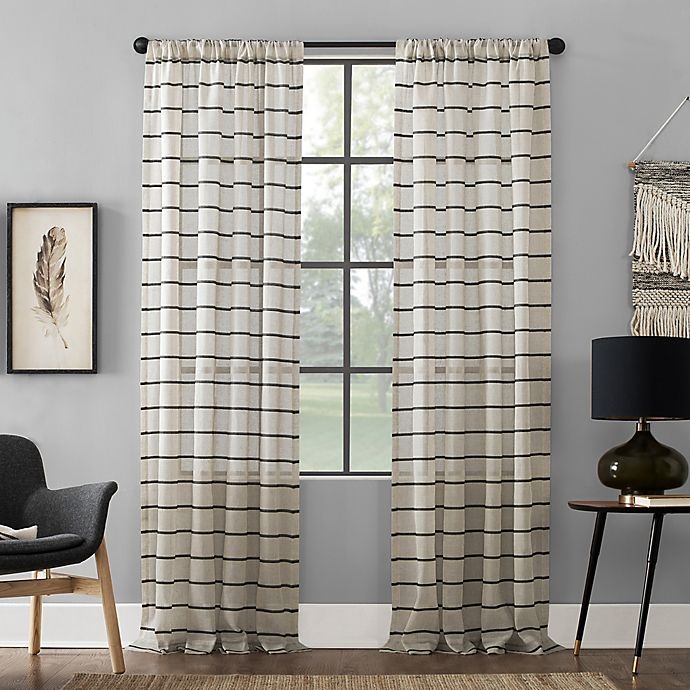 slide 1 of 8, Clean Window Twill Stripe Anti-Dust Semi-Sheer Rod Pocket Curtain PanelÂ - Black/Linen, 84 in