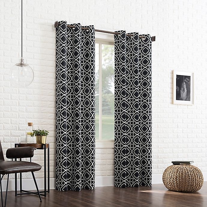 slide 5 of 8, Sun Zero Barnett Trellis Grommet Room Darkening Window Curtain Panel - Black, 95 in