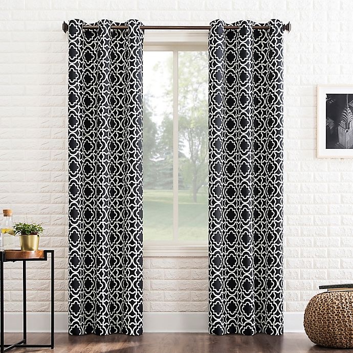 slide 1 of 8, Sun Zero Barnett Trellis Grommet Room Darkening Window Curtain Panel - Black, 95 in