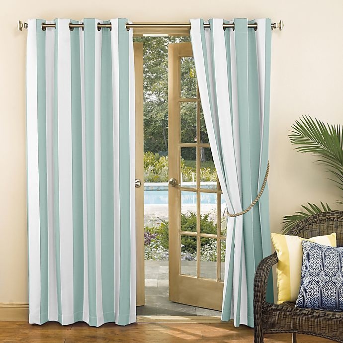 slide 1 of 6, Sun Zero Valencia Cabana Stripe Indoor/Outdoor Curtain Panel - Teal (Single), 108 in