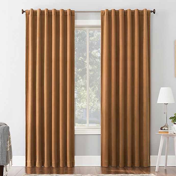 slide 1 of 10, Sun Zero Amherst Velvet Thermal Total Blackout Back Tab Window Curtain Panel - Pecan, 84 in