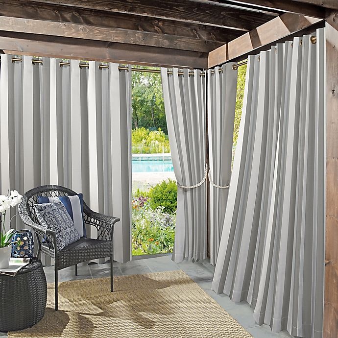 slide 1 of 6, Sun Zero Owen Cabana Stripe Indoor/Outdoor UV Protectant Grommet Curtain Panel - Gray, 95 in