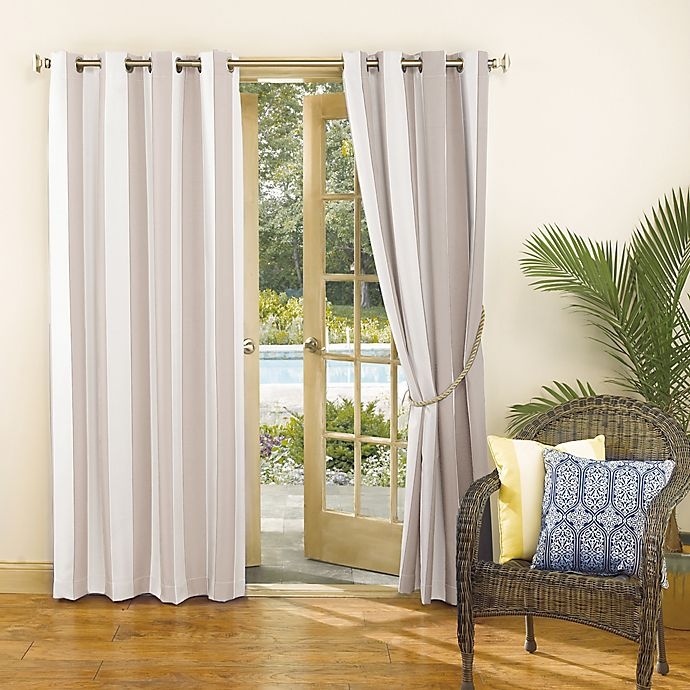 slide 3 of 6, Sun Zero Owen Cabana Stripe Indoor/Outdoor UV Protectant Grommet Curtain Panel - Khaki, 84 in