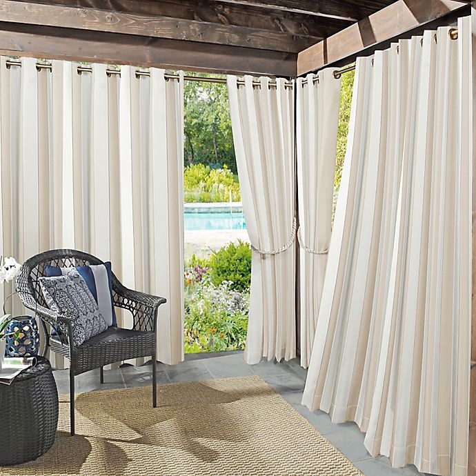 slide 1 of 6, Sun Zero Owen Cabana Stripe Indoor/Outdoor UV Protectant Grommet Curtain Panel - Khaki, 84 in