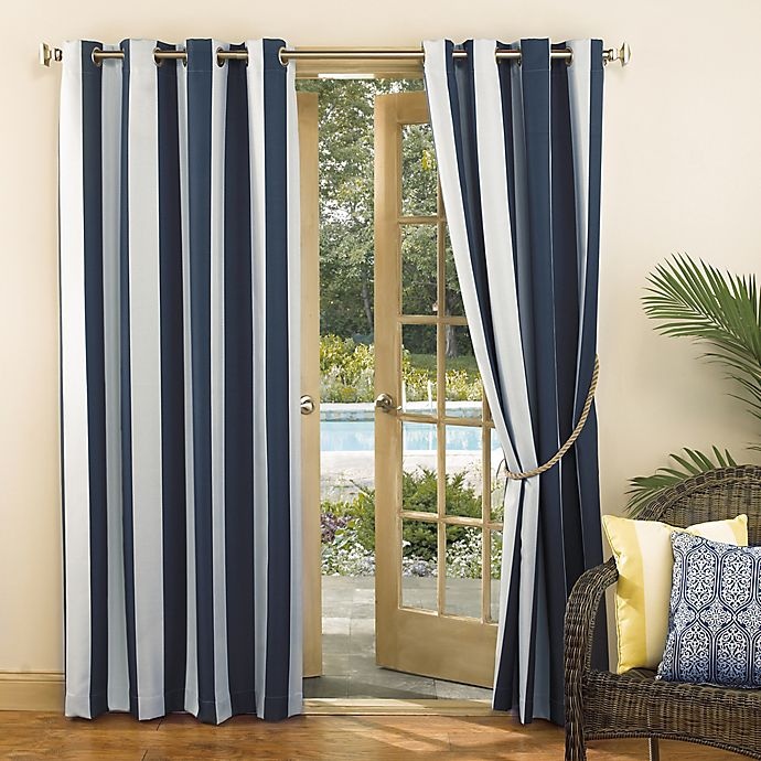 slide 3 of 6, Sun Zero Owen Cabana Stripe Indoor/Outdoor UV Protectant Grommet Curtain Panel - Indigo, 95 in