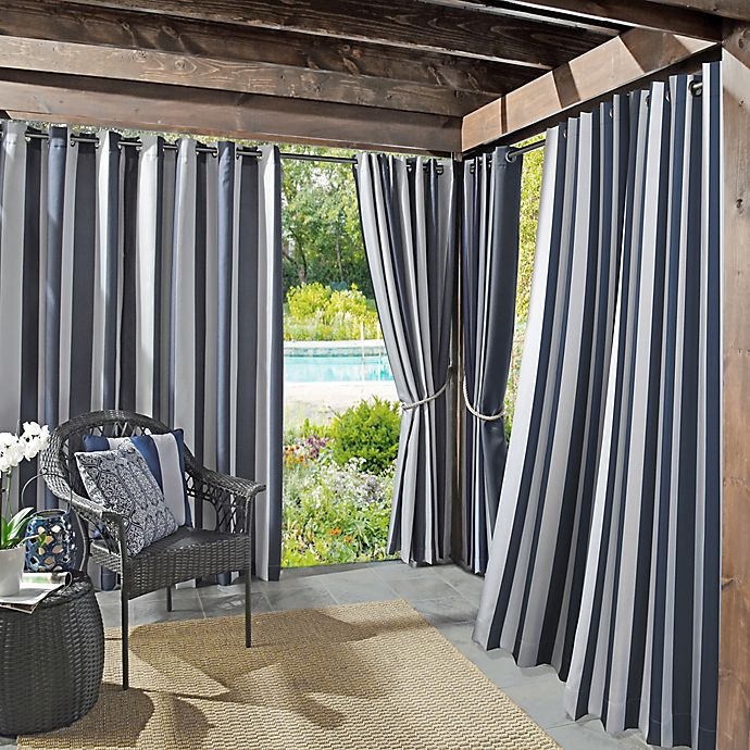 slide 1 of 6, Sun Zero Owen Cabana Stripe Indoor/Outdoor UV Protectant Grommet Curtain Panel - Indigo, 95 in