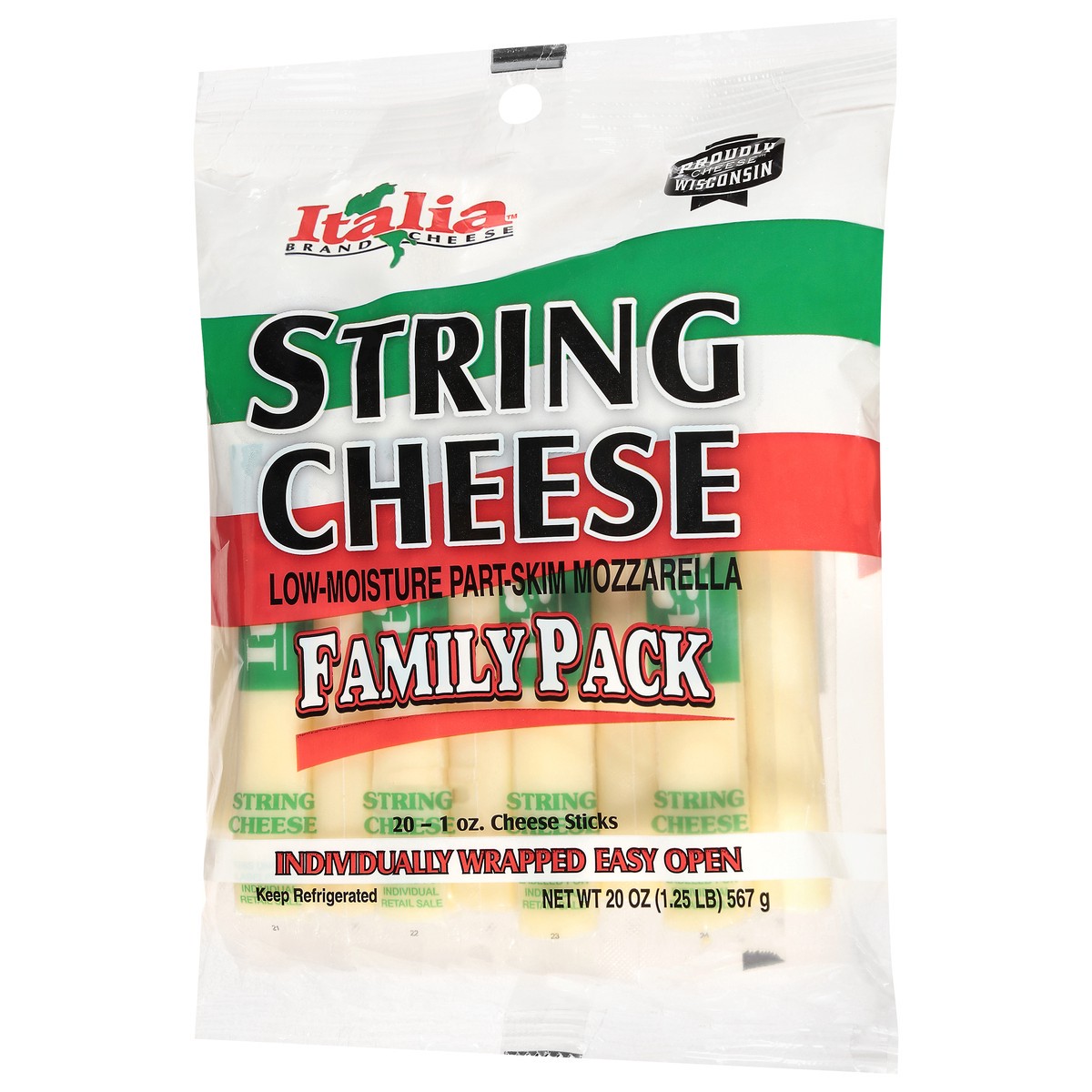 slide 4 of 4, Italia Brand Cheese Low-Moisture Part Skim Mozzarella String Cheese Family Pack 20 - 1 oz Sticks, 20 oz