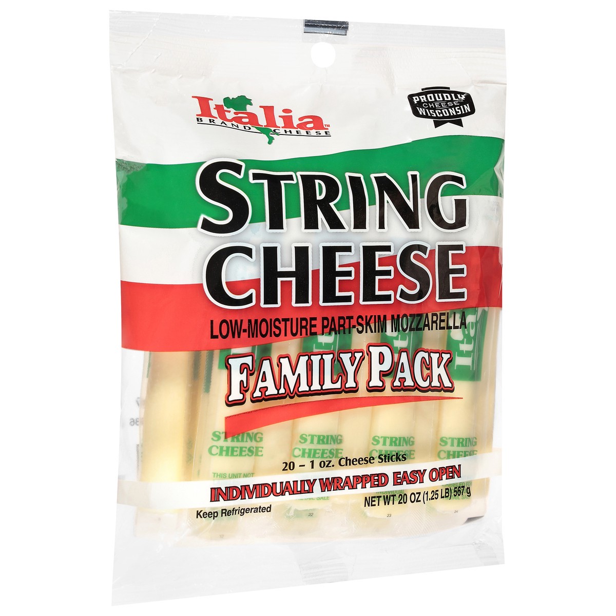 slide 3 of 4, Italia Brand Cheese Low-Moisture Part Skim Mozzarella String Cheese Family Pack 20 - 1 oz Sticks, 20 oz