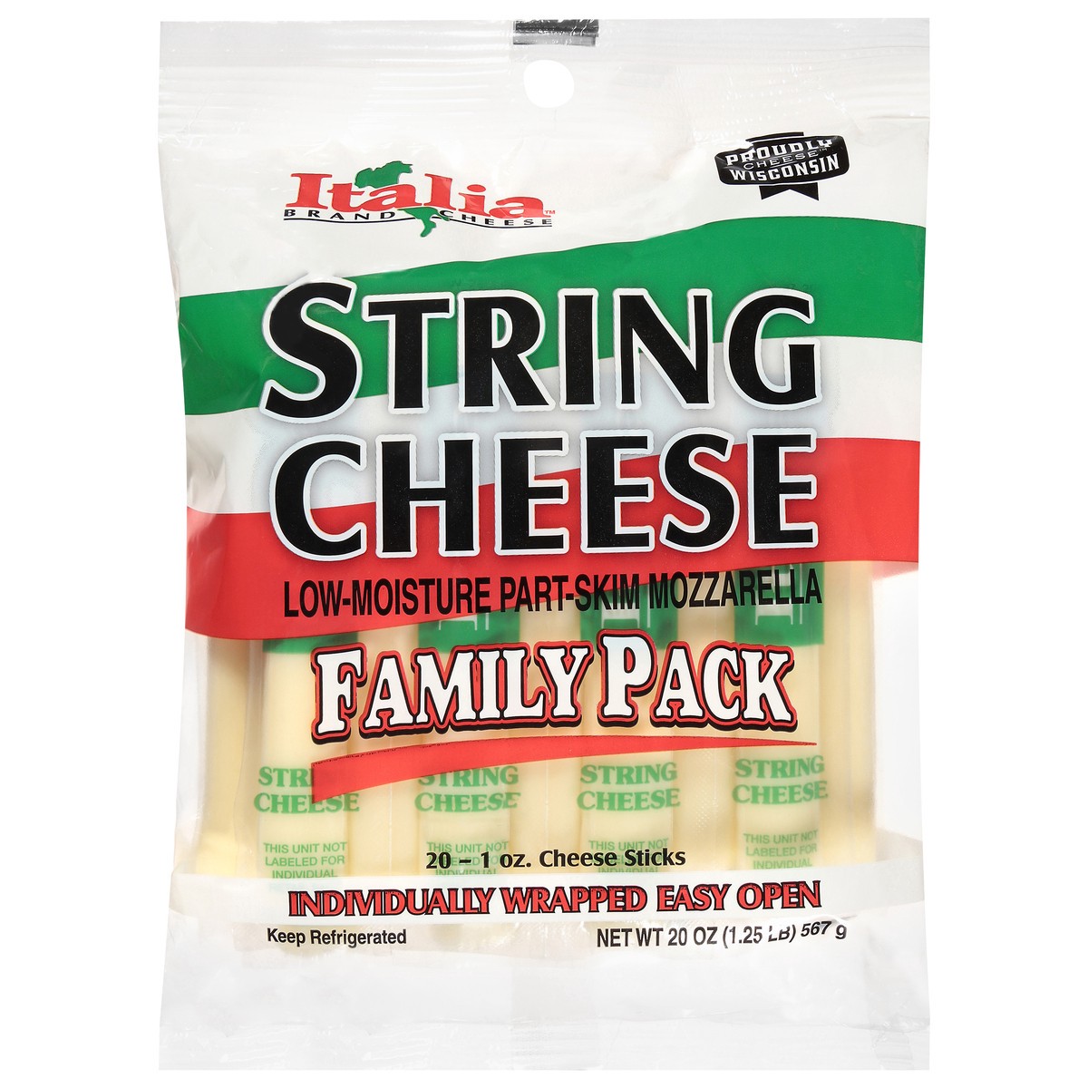 slide 1 of 4, Italia Brand Cheese Low-Moisture Part Skim Mozzarella String Cheese Family Pack 20 - 1 oz Sticks, 20 oz