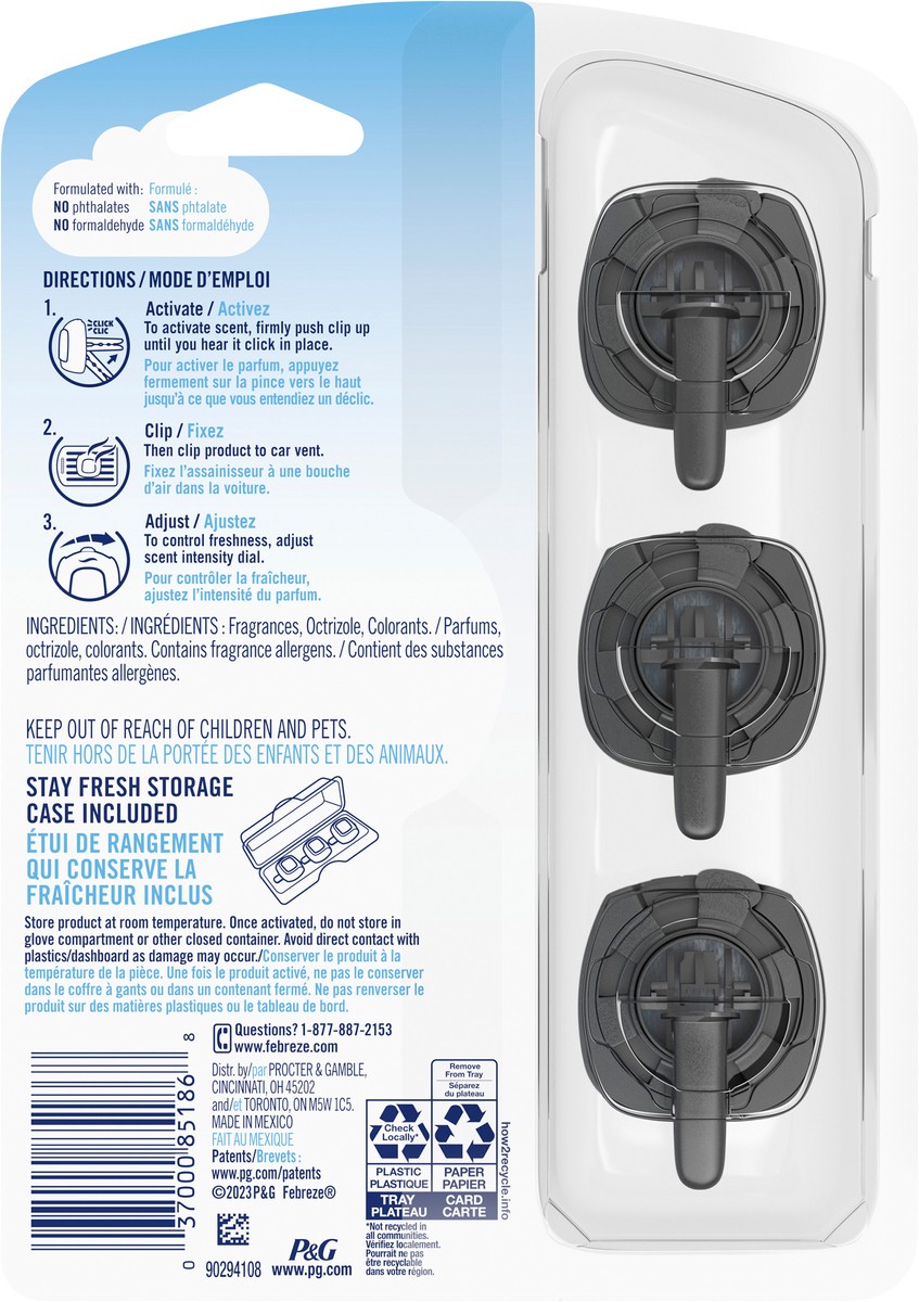 slide 3 of 3, Febreze Car Air Freshener, Odor-Fighting Automotive Vent Clip, Linen & Sky Scent, 3 Count, 3 ct