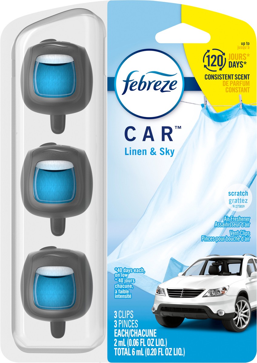slide 2 of 3, Febreze Car Air Freshener, Odor-Fighting Automotive Vent Clip, Linen & Sky Scent, 3 Count, 3 ct