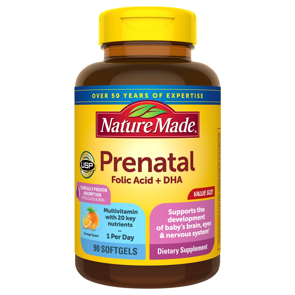 slide 1 of 12, Nature Made Prenatal with Folic Acid + DHA Softgels, 90 Count, 90 ct