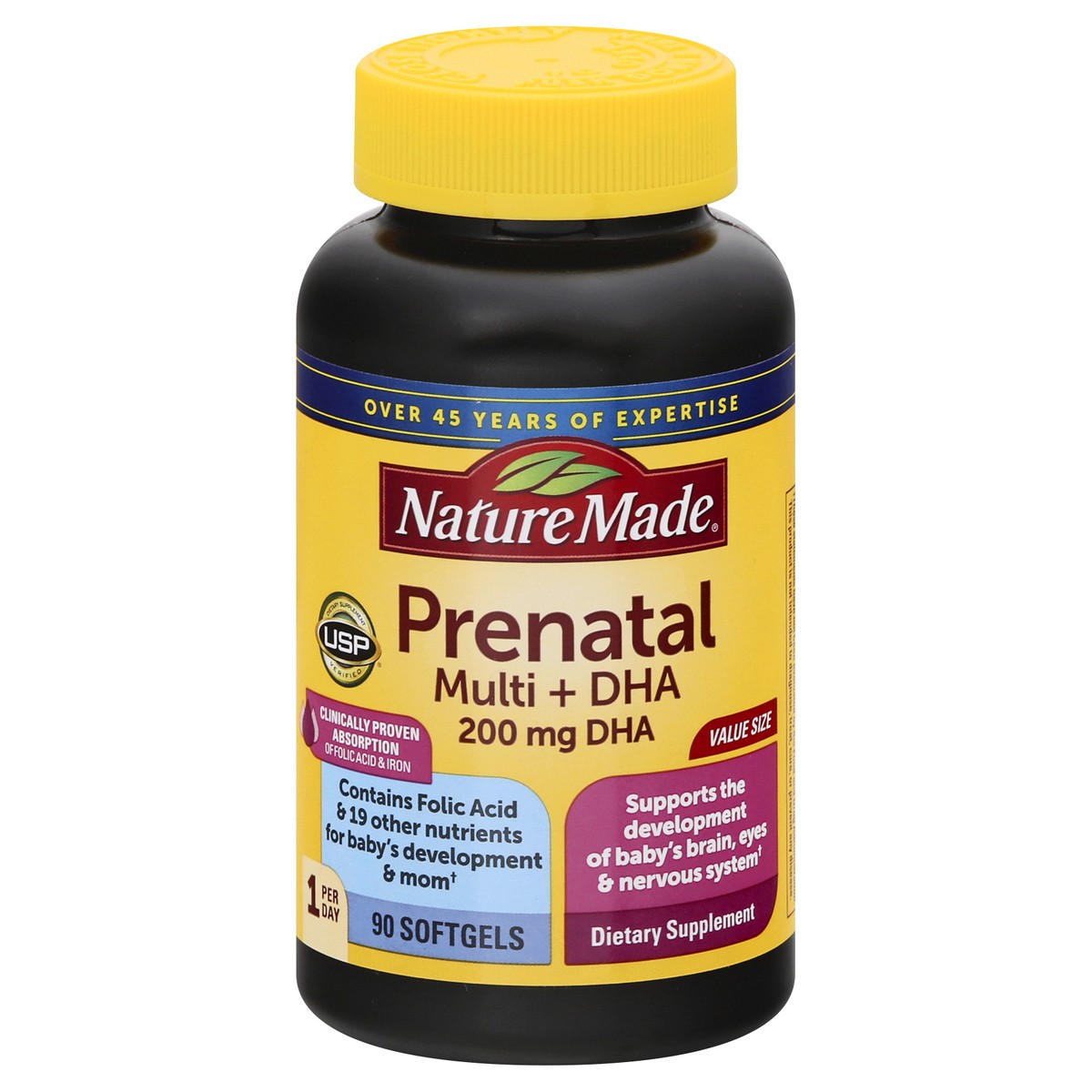 slide 7 of 12, Nature Made Prenatal with Folic Acid + DHA Softgels, 90 Count, 90 ct
