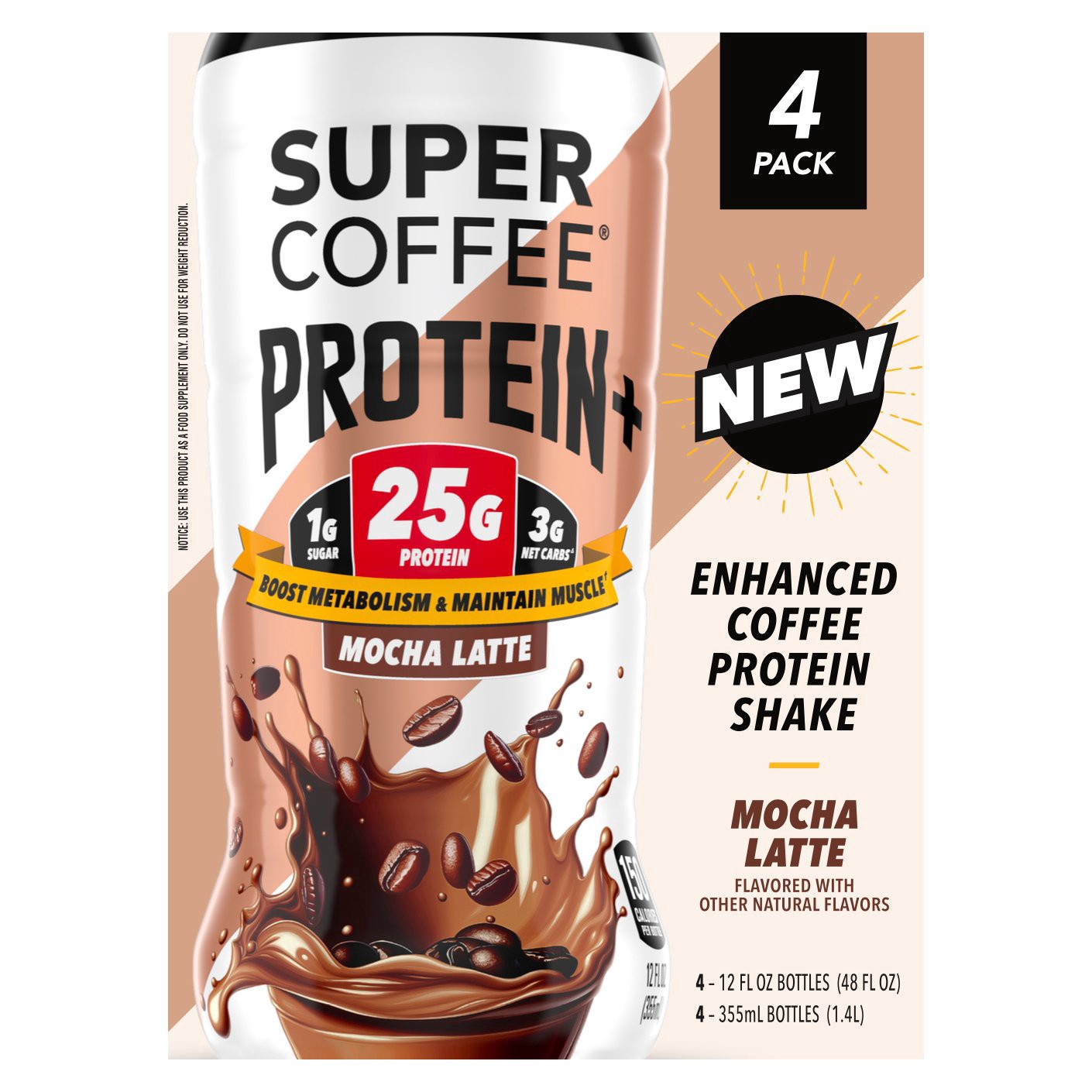 slide 1 of 1, Super Coffee 25g Protein+ Enhanced Coffee Shake 4 pk Bottles, 12 oz