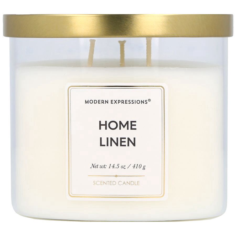 slide 1 of 5, Modern Expressions Scented Candle Home Linen, 14.5 oz
