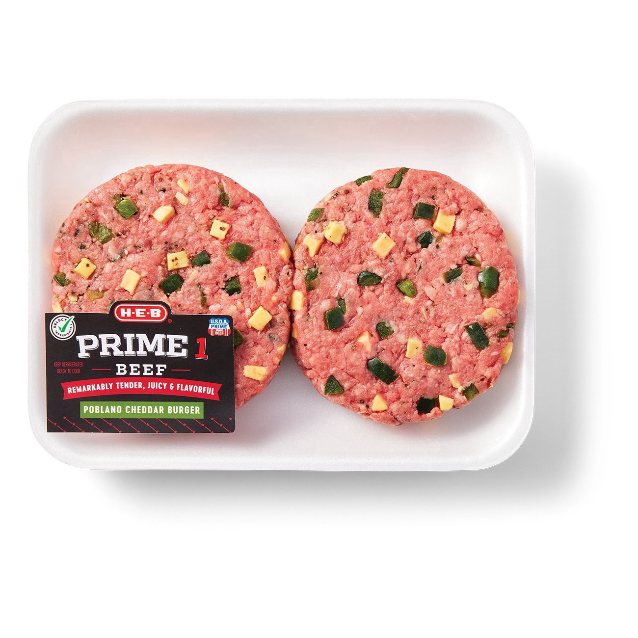 slide 1 of 1, H-E-B Prime 1 Poblano Cheese Beef Burgers, per lb