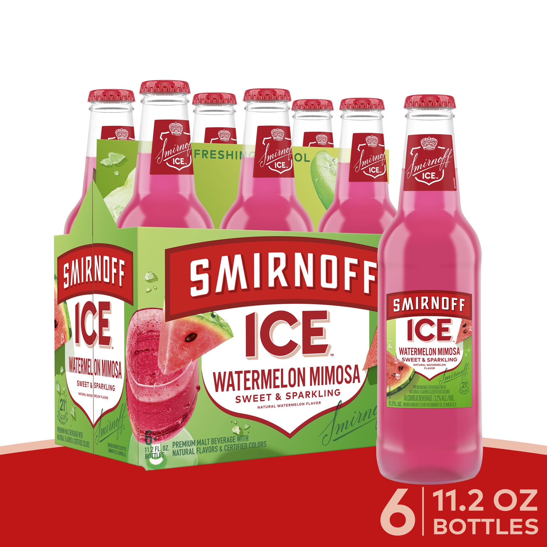 slide 1 of 3, Smirnoff Ice Watermelon Mimosa Sparkling Drink, 11.2oz Bottles, 6pk, 6 ct; 11.2 oz