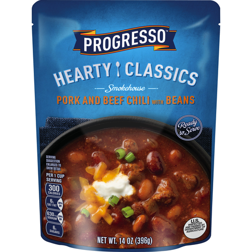 slide 1 of 1, Progresso Hearty Classics Smokehouse Pork And Beef Chili With Beans, 14 oz