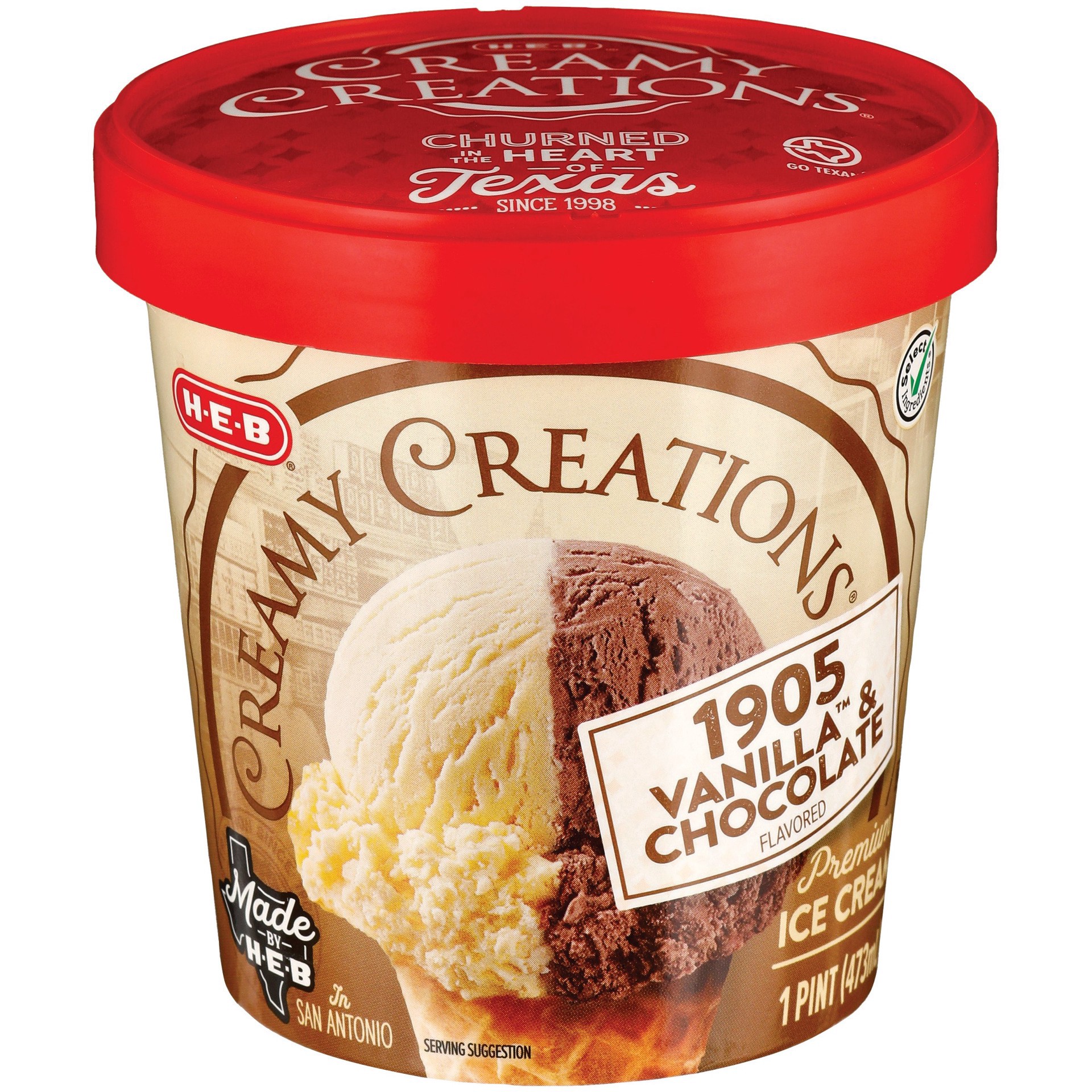 slide 1 of 1, H-E-B Creamy Creations 1905 Vanilla & Chocolate Ice Cream, 16 oz