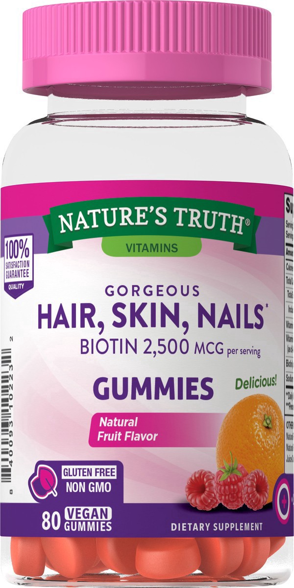 slide 3 of 8, Nature's Truth Gorgeous Hair, Skin, Nails* Gummies with 2,500 mcg Biotin, 80 ct