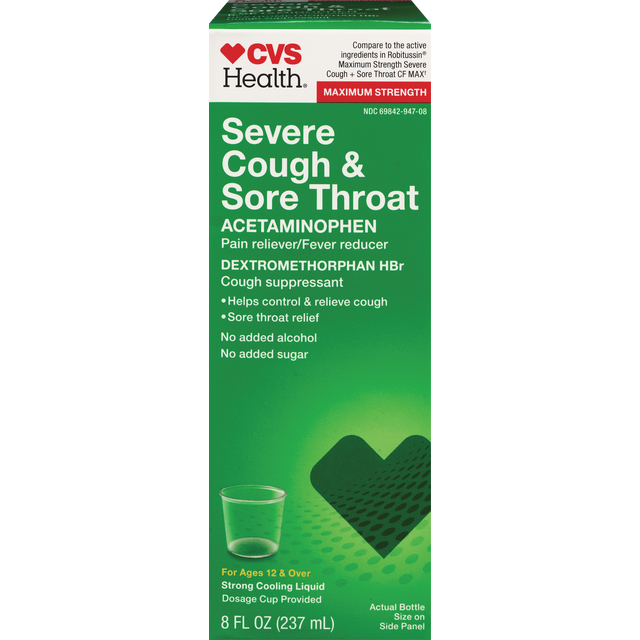 slide 1 of 1, CVS Health Strength Severe Cough & Sore Throat Liquid, 8 Oz, 8 oz