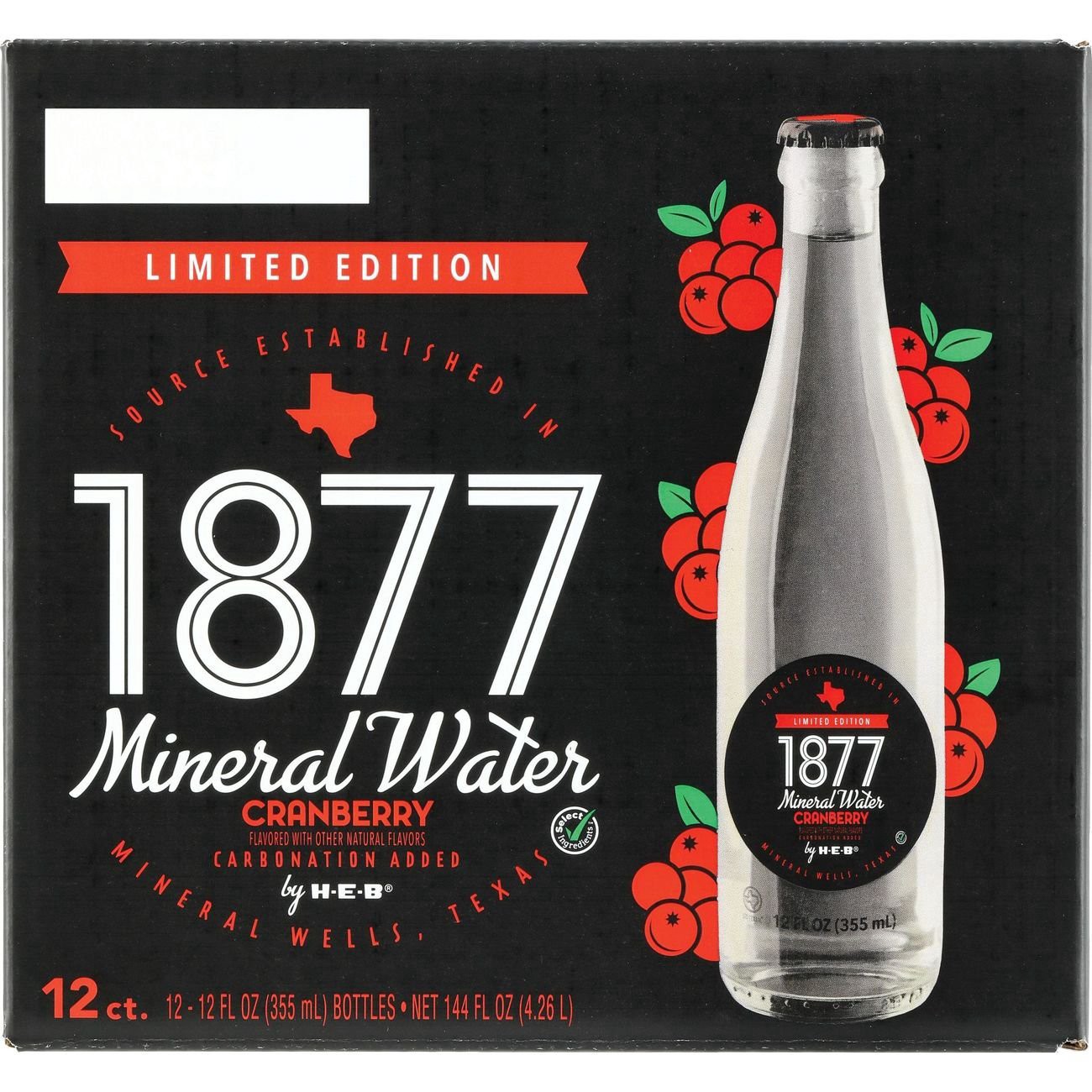slide 1 of 1, H-E-B 1877 Cranberry Sparkling Mineral Water 12 pk Bottles, 12 oz