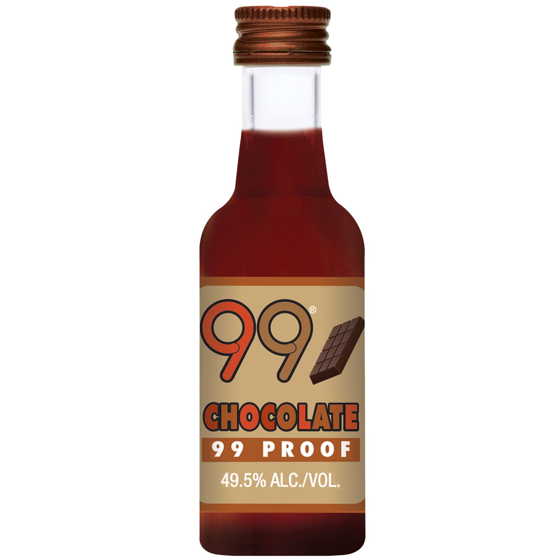 slide 1 of 5, 99 Brand Chocolate Liqueur, 50 mL Bottle, 99 Proof, 50 ml