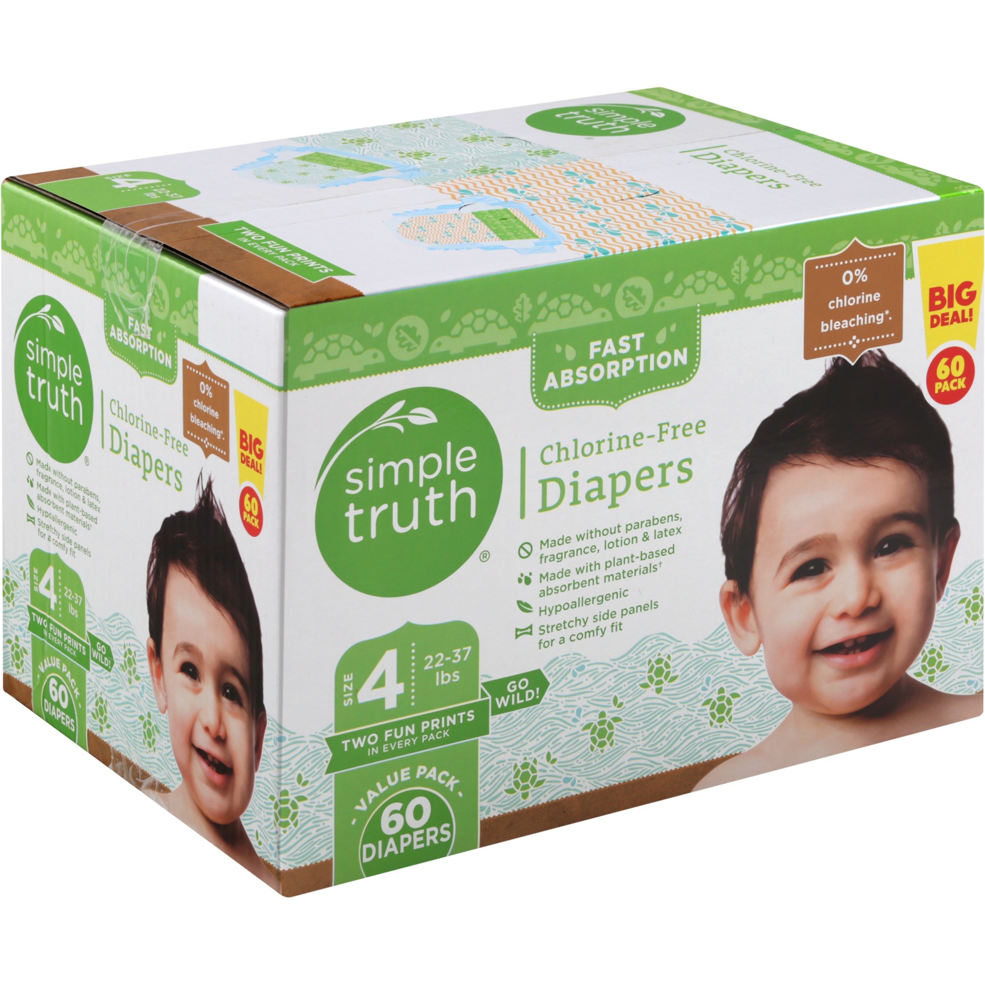 slide 1 of 1, Simple Truth Size 4 Printed Chlorine-Free Diapers, 60 ct