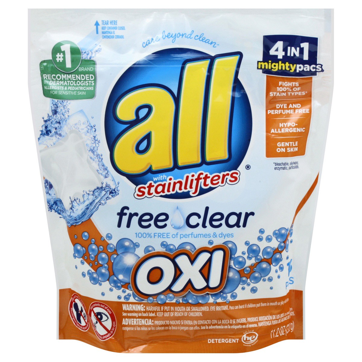 slide 1 of 3, All Laundry Detergent Pacs, Mighty Pacs with OXI Stain Removers and Whiteners, Free Clear, Unscented and Dye Free, 16 Count, 16 ct